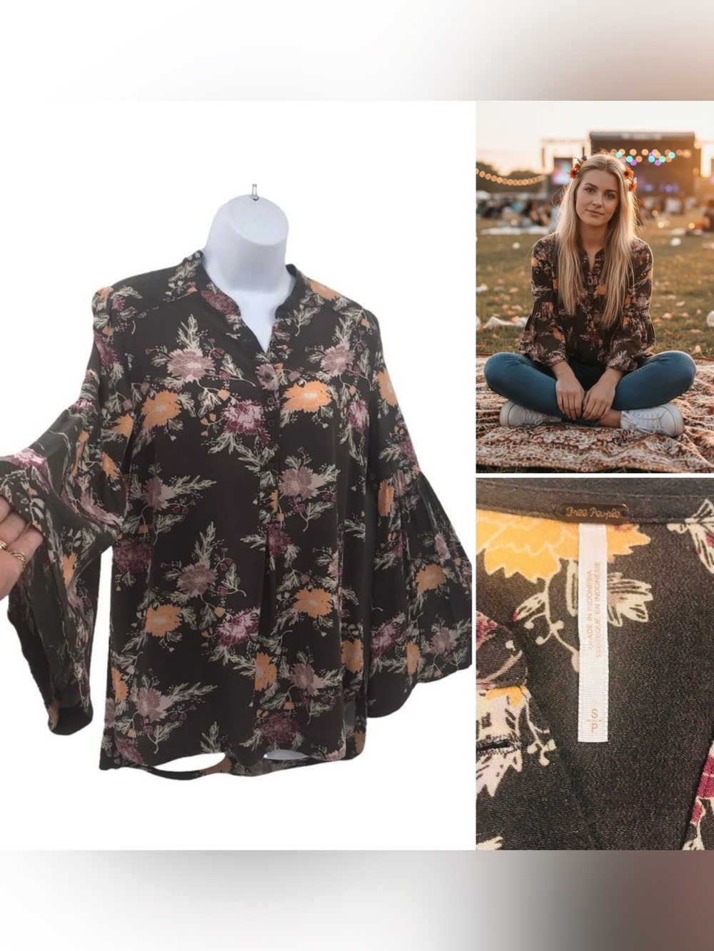 Free People Chocolate Brown Floral Boho Tunic Top Sz.sm
